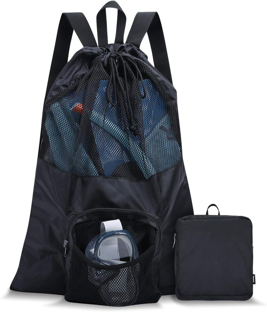 Packable Mesh Swim Drawstring Backpack, 35L Capacity, Lightweight Swim Bag