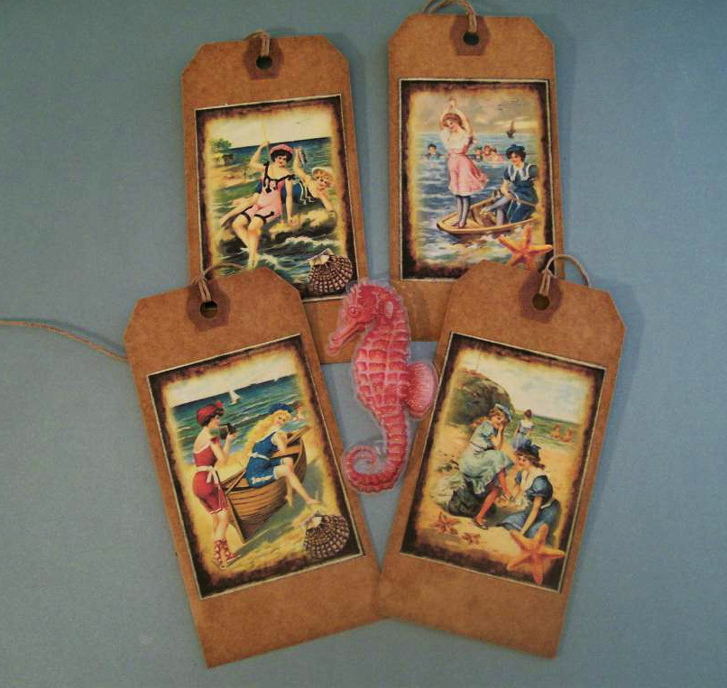 SUMMER BY THE SEA - PRIMITIVE RETRO DESIGNED HANG TAGS - BEACH - EIGHT TAGS