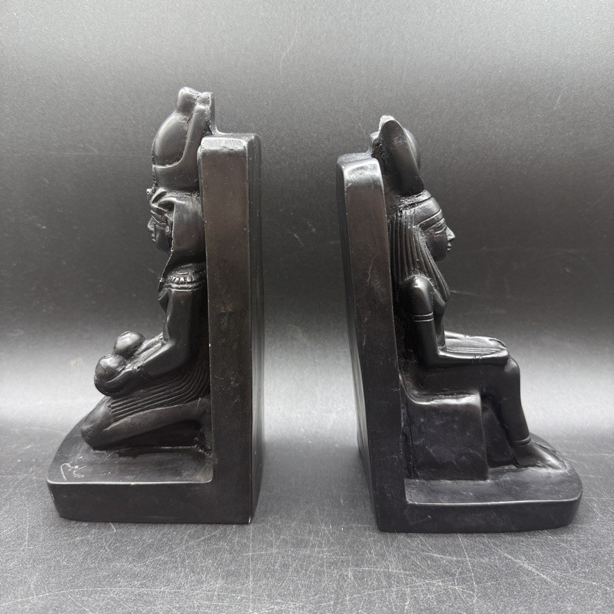 Vintage Egyptian Pharaoh Queen Bookends Stone Pair Signed Hieroglyphic Decor
