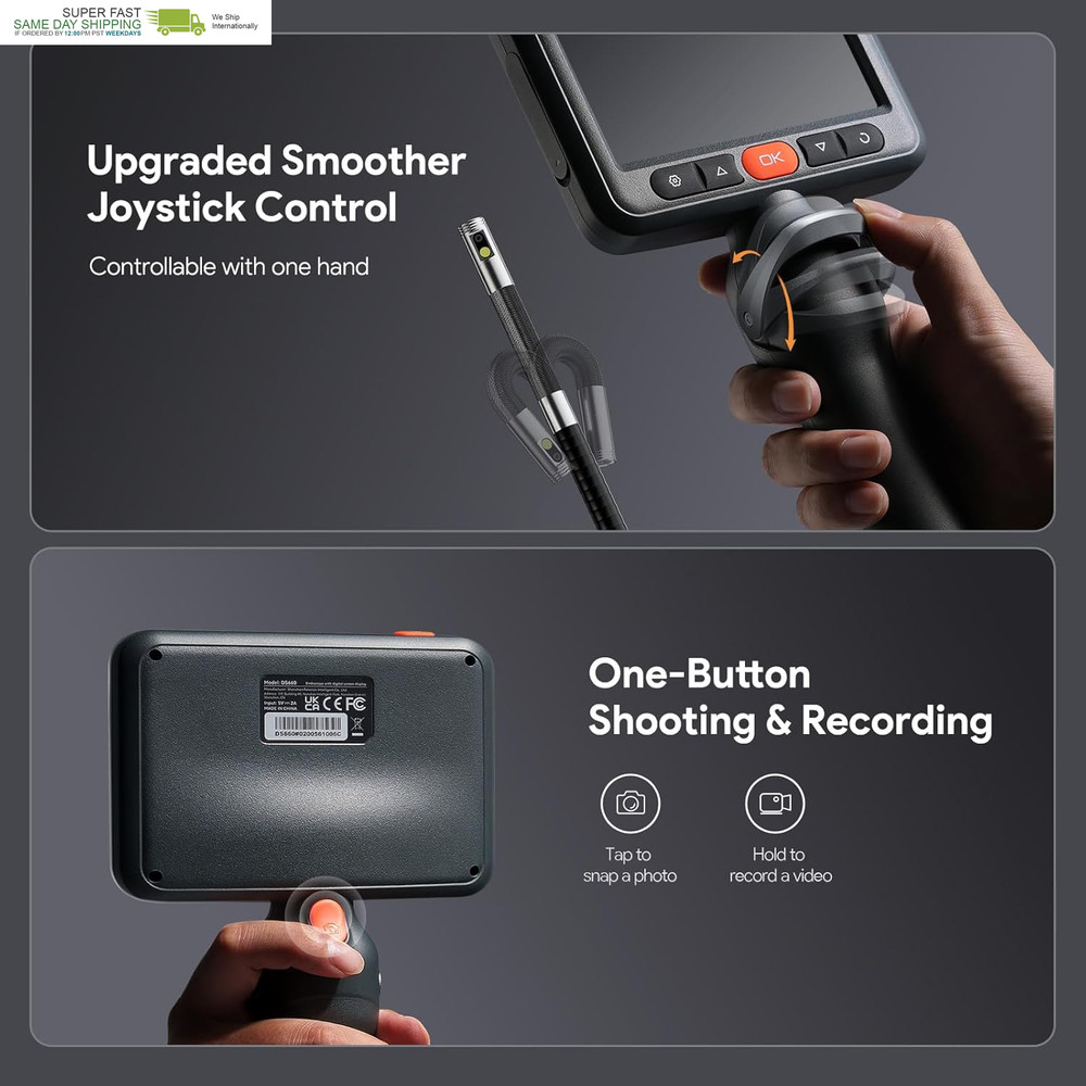 Dual Lens Borescope Camera with Light, Two-Way Articulating Borescope, 5" IPS Du