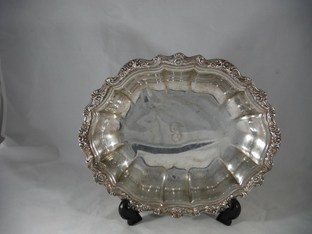 Decorative Serving Bowl Oval  Silver Plated Scrolls and Flowers Monogram