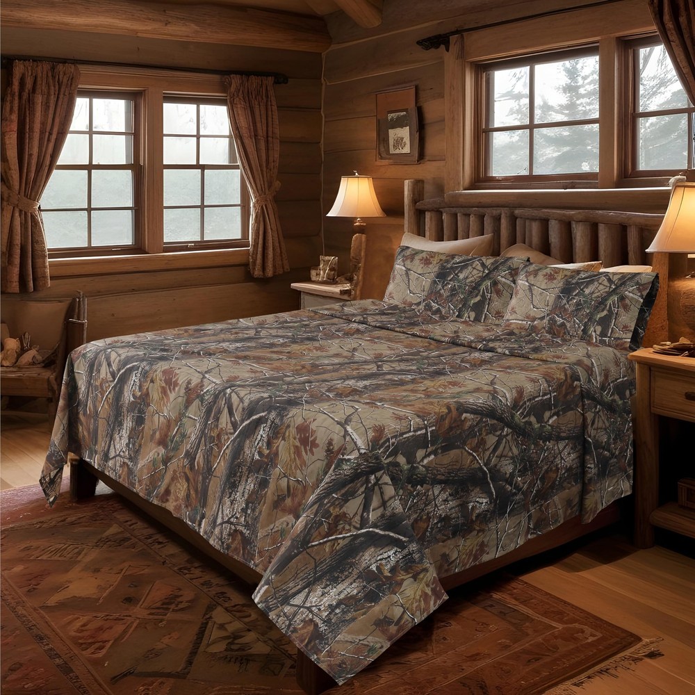 Realtree All Purpose Camo Bedding Full Sheet Set 4 Piece Polycotton Rustic Fa...