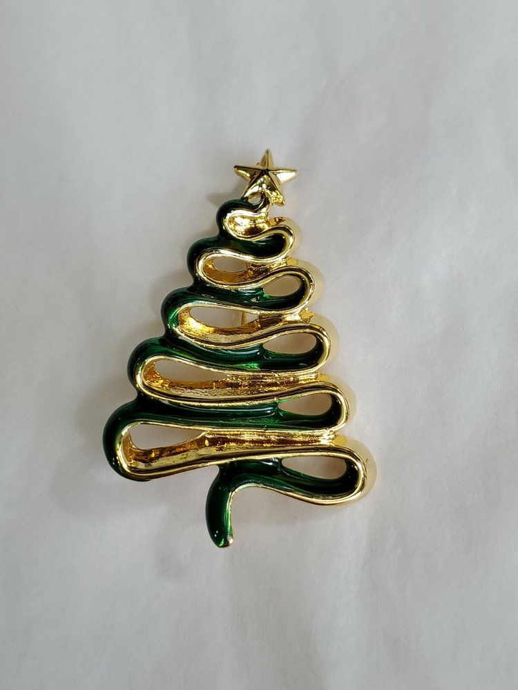 Danecraft Christmas Tree Brooch Lapel Pin Green & Gold Colored