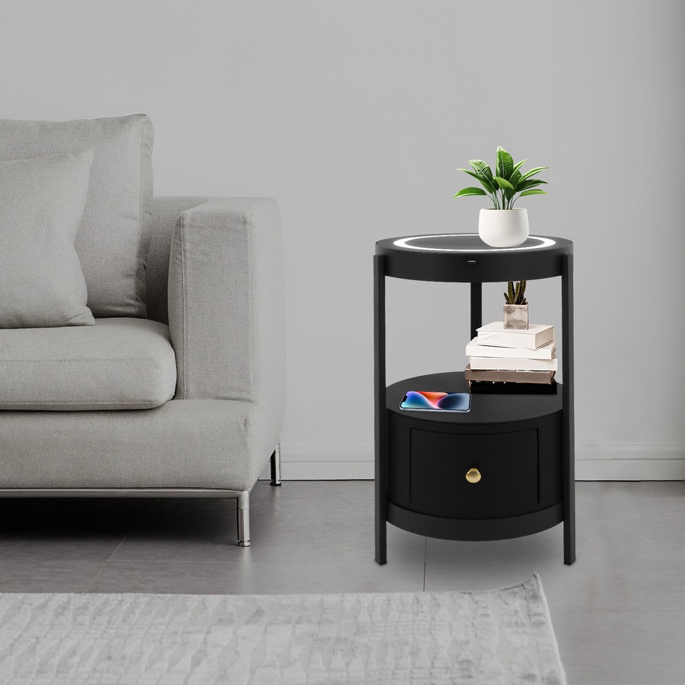 LED Nightstand w/ Black Drawer Side Table with USB & Wireless Charging