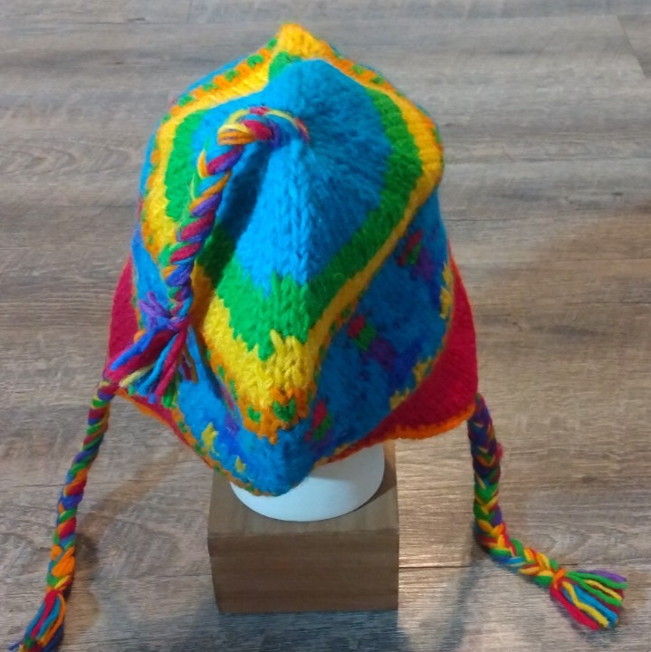 Peruvian 100% Wool Hat Multicolor Chullo Hat Ear Flap Rainbow Boho Granola Braid