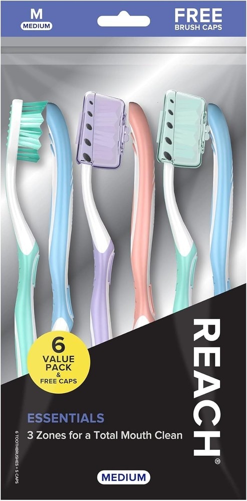 Reach Essentials Medium Toothbrush with Covers & Tongue Scraper 6 Pack