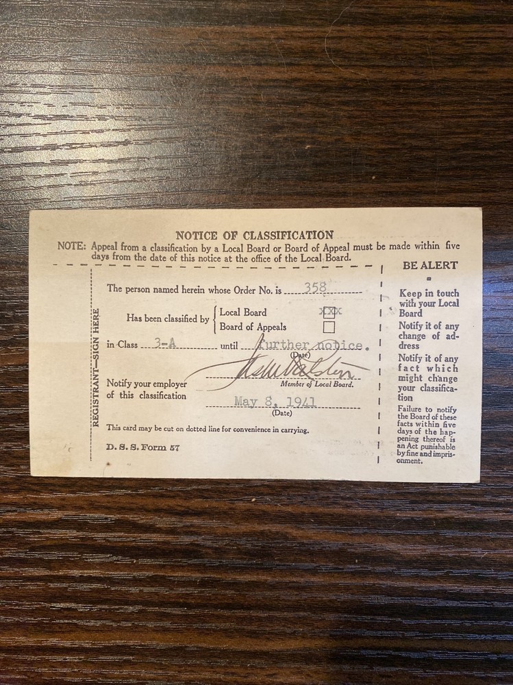 1941 Selective Service Notice of Classification Postcard Sent to Morton P Jacobs