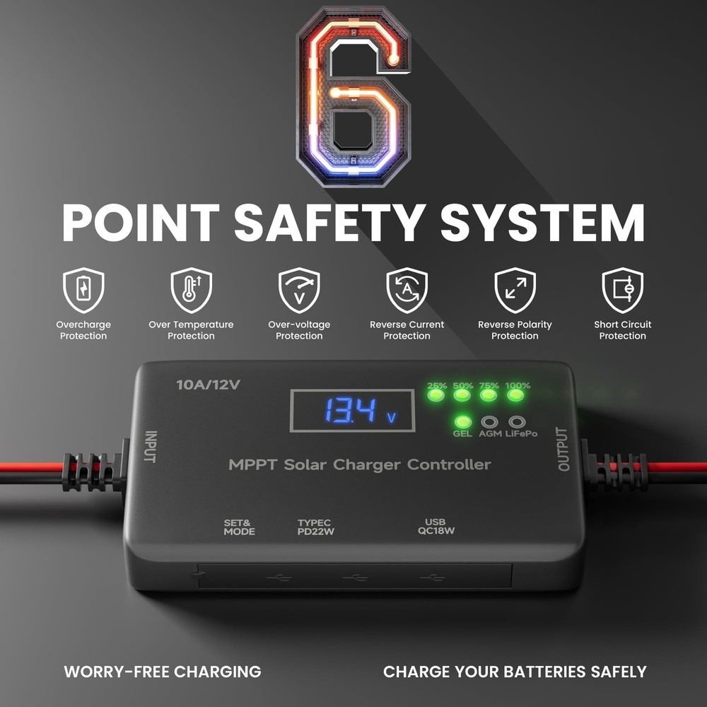 MPPT Solar Charge Controller 12V 10A, Solar Panel Charge Controller with Type...