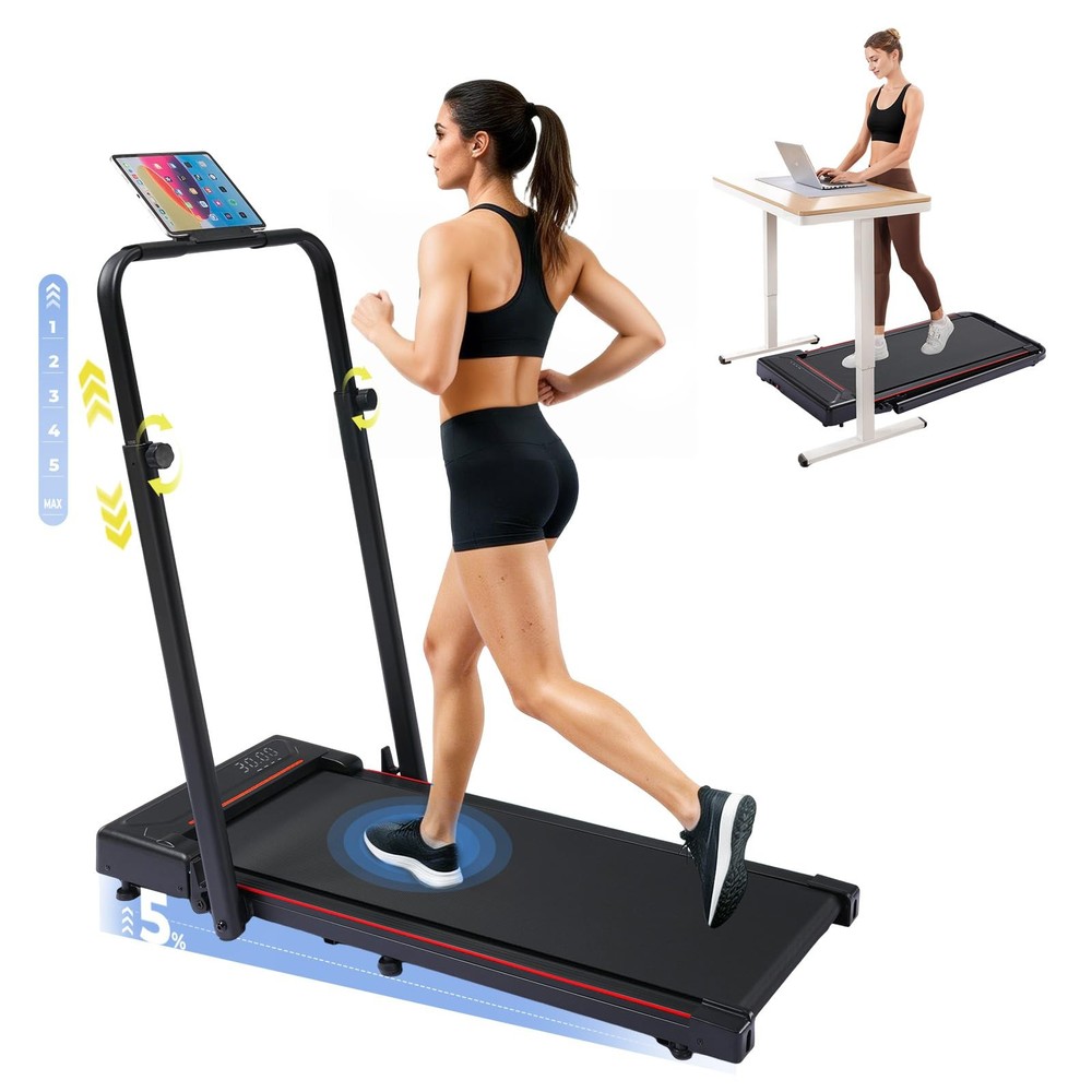 Walking Pad Treadmill with Adjustable Height Handle Bar, 3HP Quiet Foldable U...