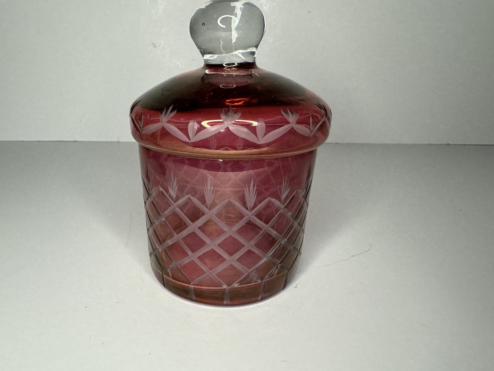 Small Cranberry Glass etched lidded jar / Chipped