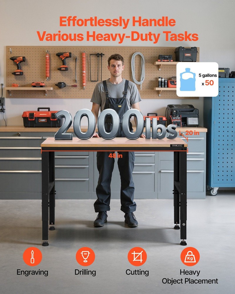Adjustable Workbench 2000lb 48x20in Surface With Built-in Charging Ports