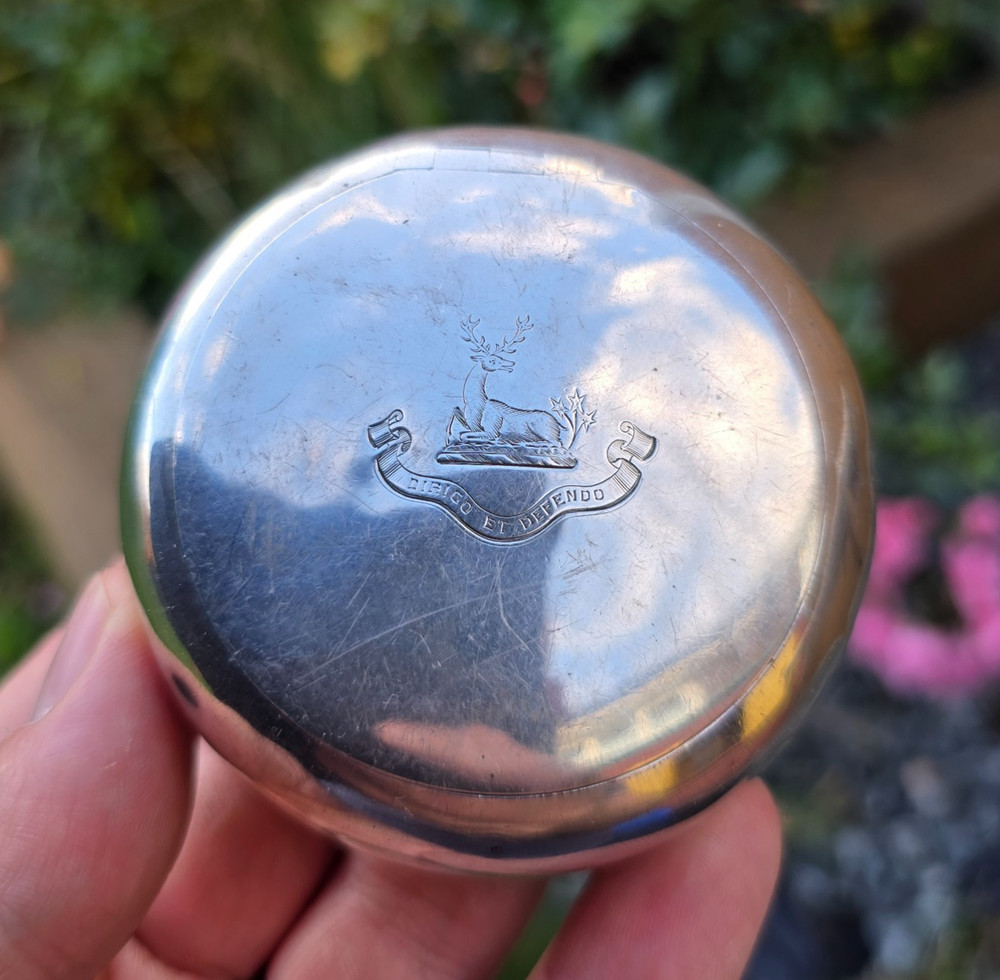 Antique Solid Silver Squeeze snuff tobacco box Armorial - George Unite 1908 Bham