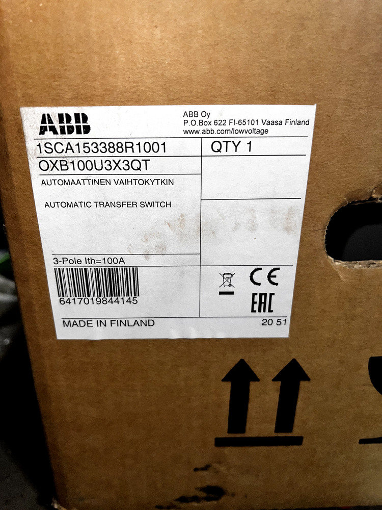 *New in Box ABB* OXB100U3X3QT Automatic Transfer Switch