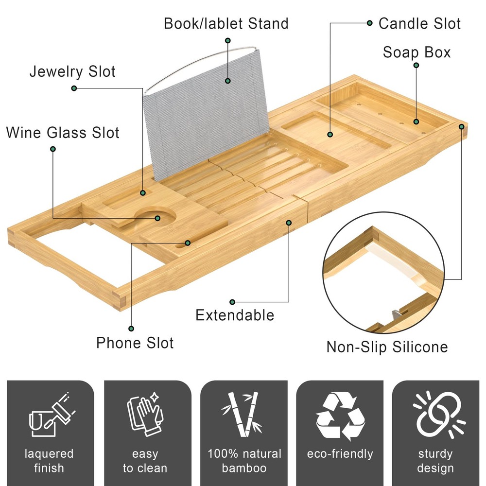 Foldable Bamboo Bathtub Caddy Tray - Expandable Bath Table for Relaxation