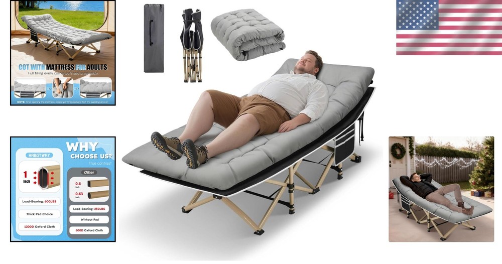 Foldable Camping Cot for Adults - Removable Mattress & Side Storage Pocket
