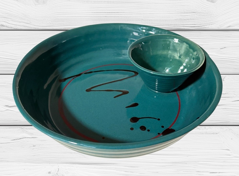 Teal Ceramic Chips & Dip Serving Bowl Abstract Design 10" Diameter
