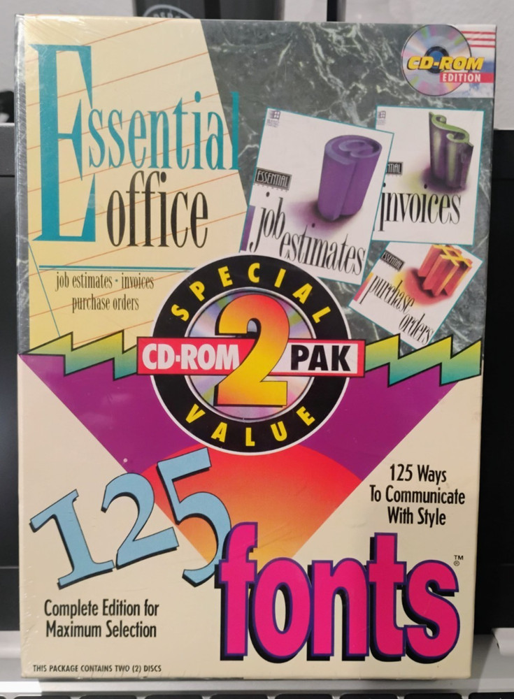 2 Pack: Essential Office & 125 Fonts; IBM PC; CD-ROM - Complete In Box