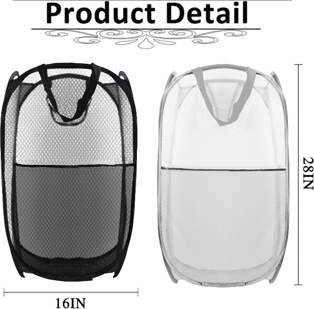 Collapsible Pop Up Laundry Hamper, Mesh Foldable Extra Large, 2P Black+Grey