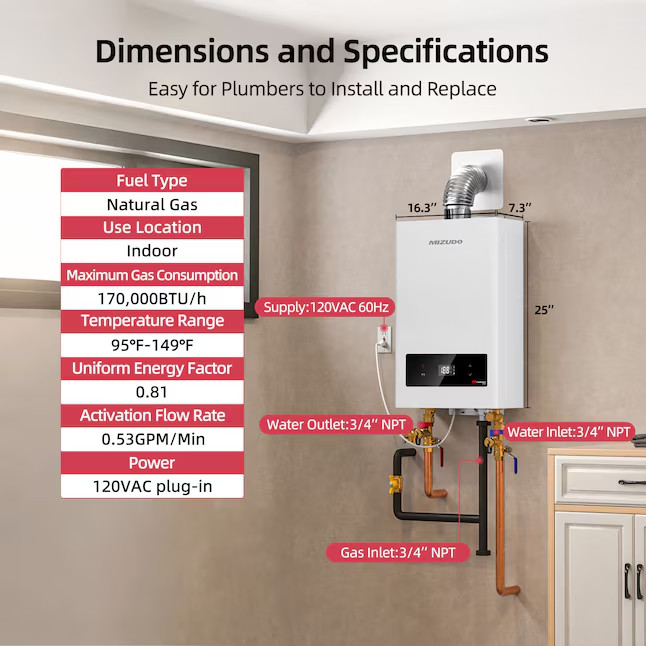 Mizudo Comfortech Classic Natural Gas Tankless Water Heater 170,000 BTU-NOSHIPCA