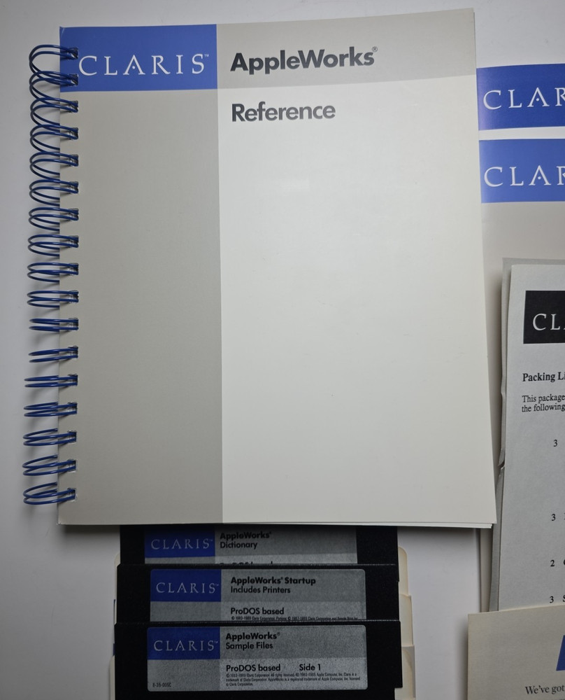 Apple II Claris Appleworks 5.25" disks, manuals and reference sheets