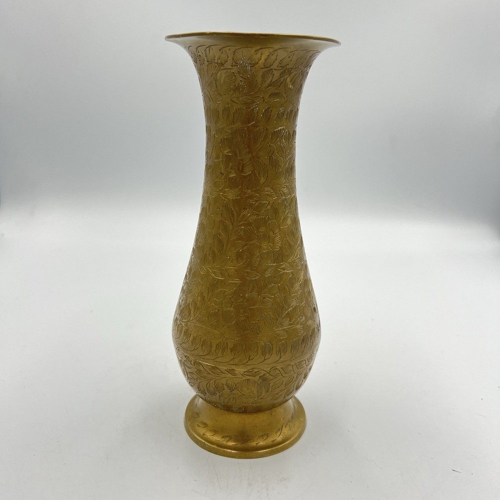 Vintage Etched Brass Vase 7.5" Floral Pattern India Boho Decor