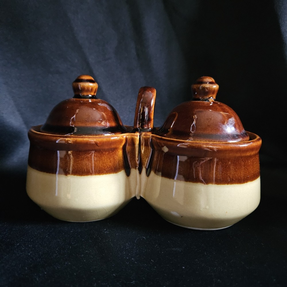 Vintage Brown Tan Drip Glaze Ceramic Double Condiment Server with Lids Handle