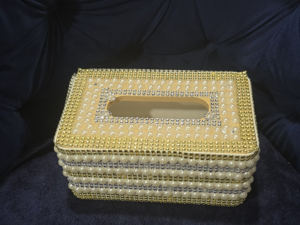 Gold and White Beaded Decorative Rectangular Tissue Box Cover Glossy Modern