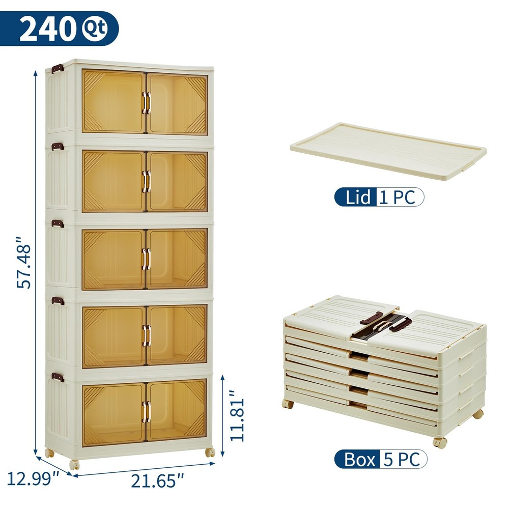 240QT Stackable Storage Bins, Folding Storage with Magnetic Doors & Wheels, L...