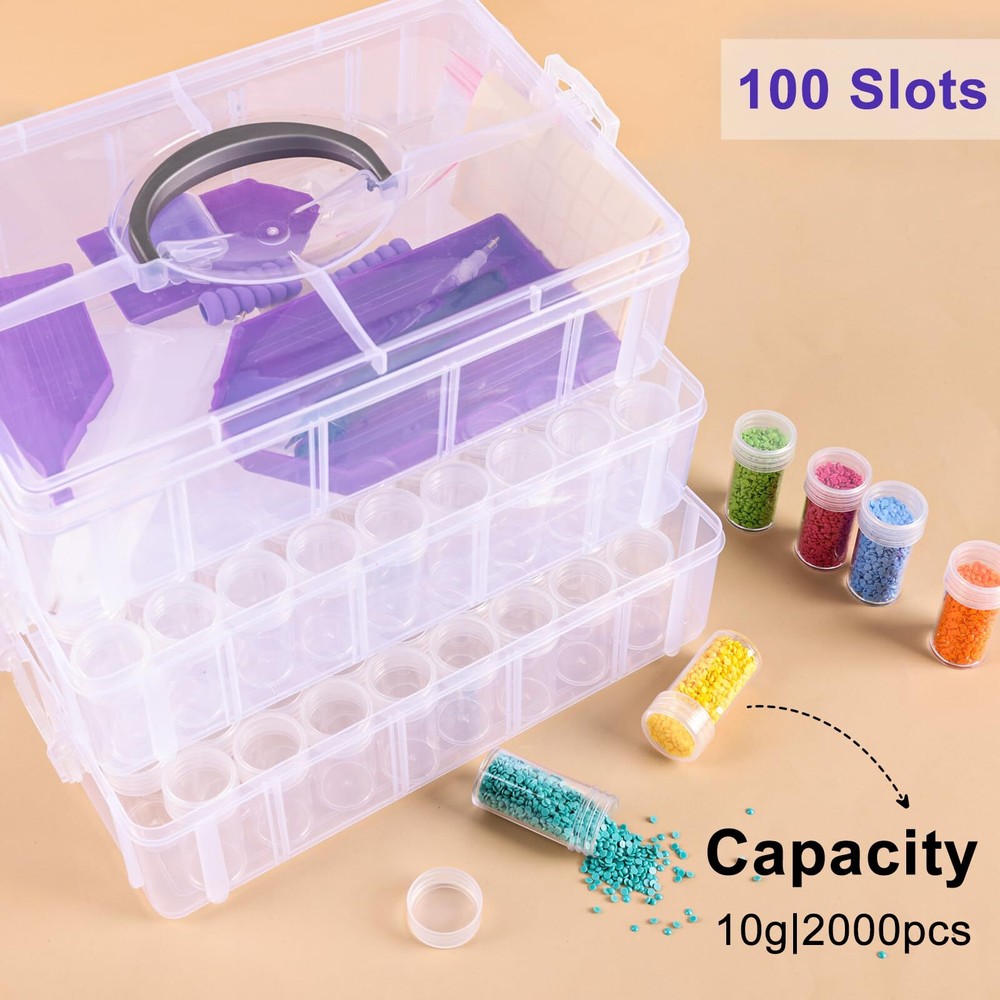 3-Tier Diamond Painting Storage Container, 100 Slots Clear Stackable Bead Org...