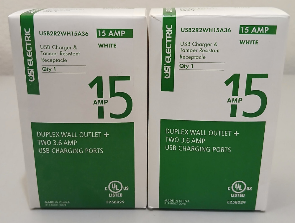 2ct USI ELECTRIC 15 AMP USB CHARGER & TAMPER RESISTANT RECEPTACLE USB2R2WH15A36