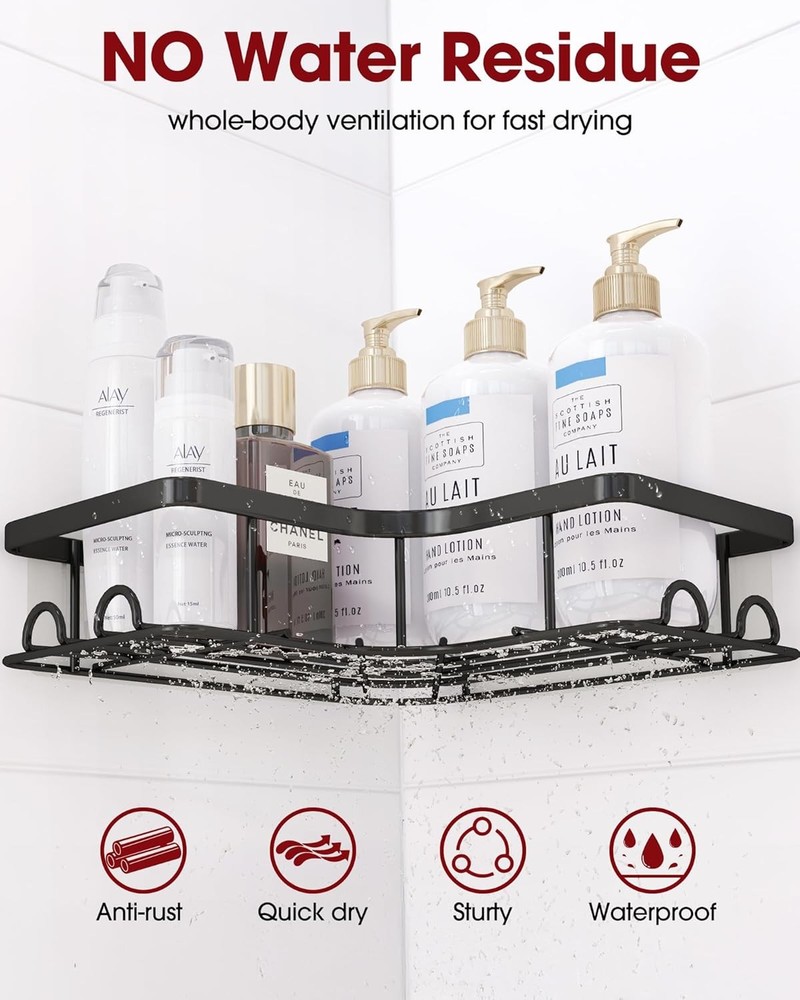 Corner Shower Caddy - 2 Pack, Adhesive Organizers, Medium, Black