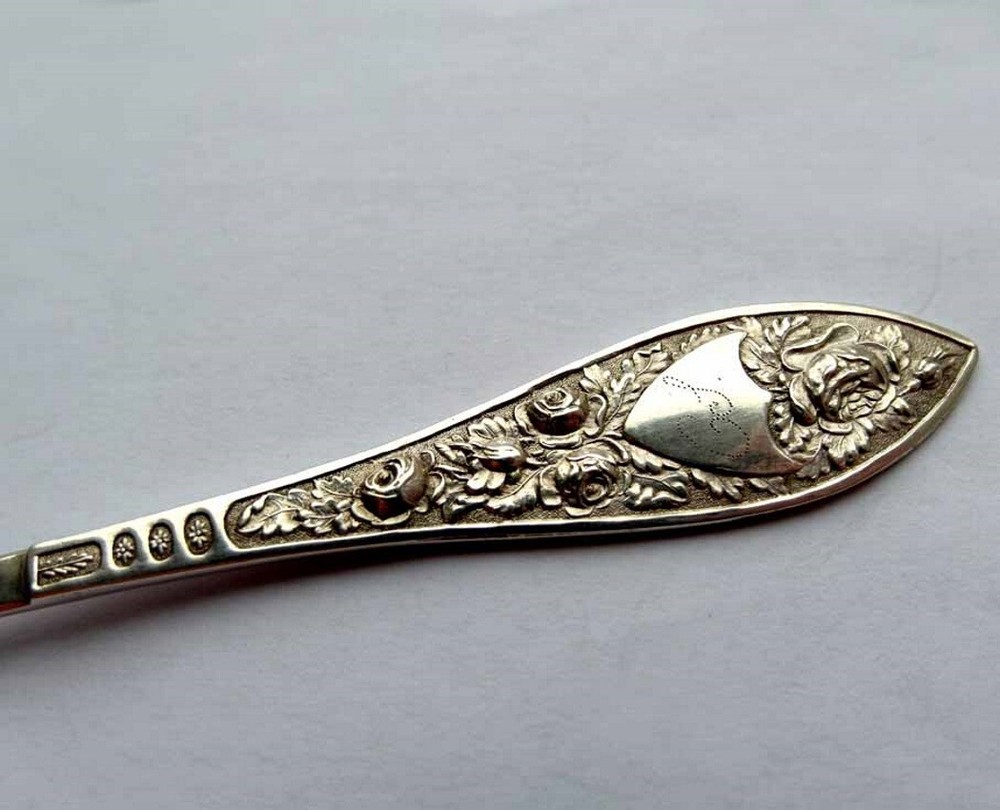 Set, 6 Large Tea Spoons, Roses, Silver, around 1820 E540
