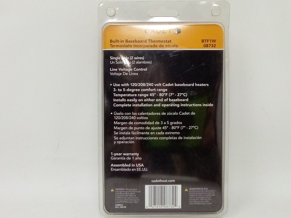 Cadet Single Pole Built-In Thermostat Kit BTF1W for Baseboard Heaters