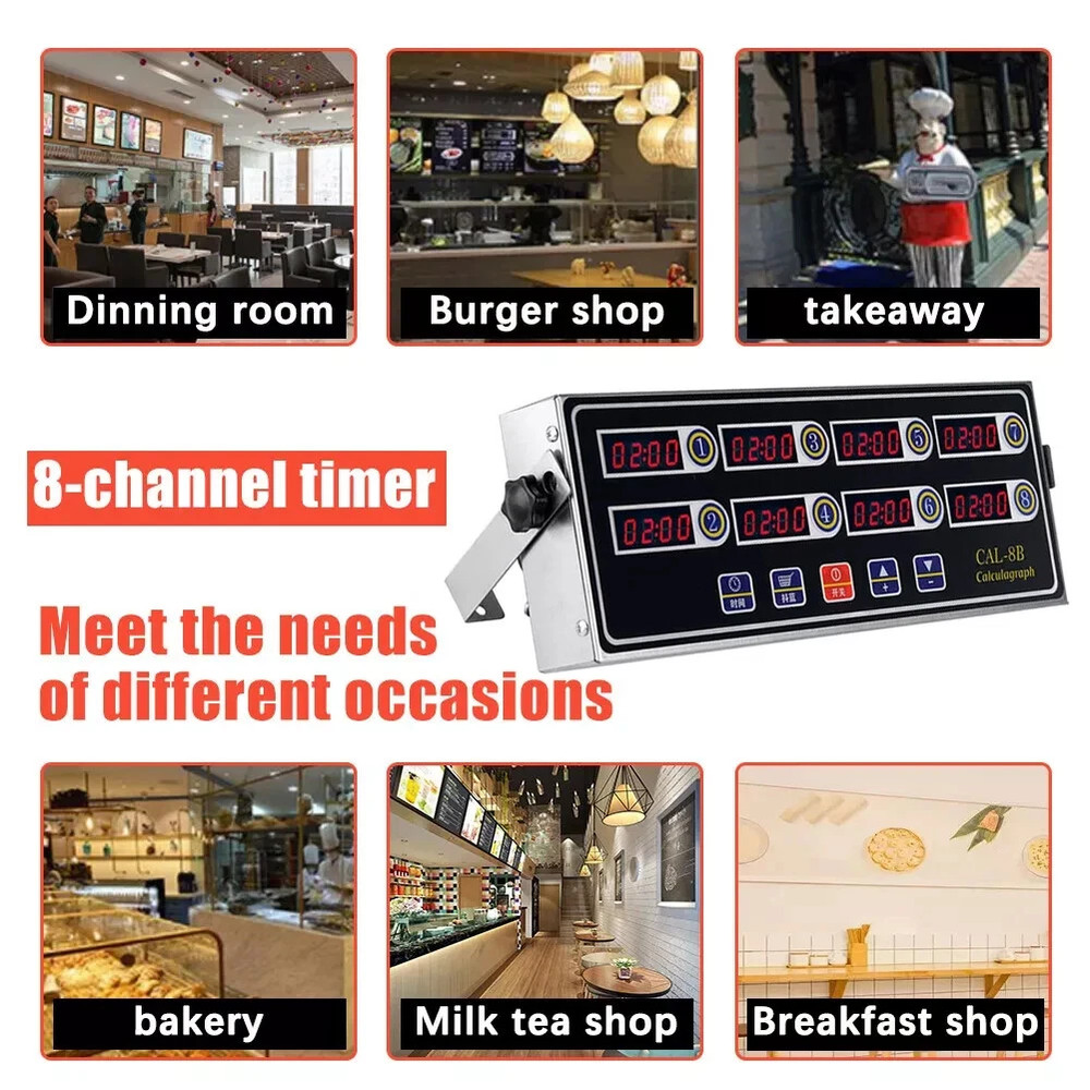 Timer Clock Commercial Kitchen Timer 8 Channel Digital Timer Loud Alarm Cooking