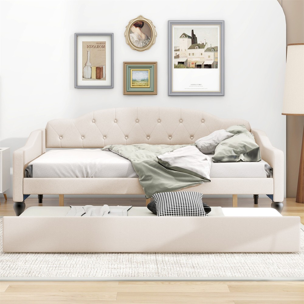 Full Size Daybed with Pull-Out Trundle Bed Upholstered Bed Frame Sofa Bed Beige