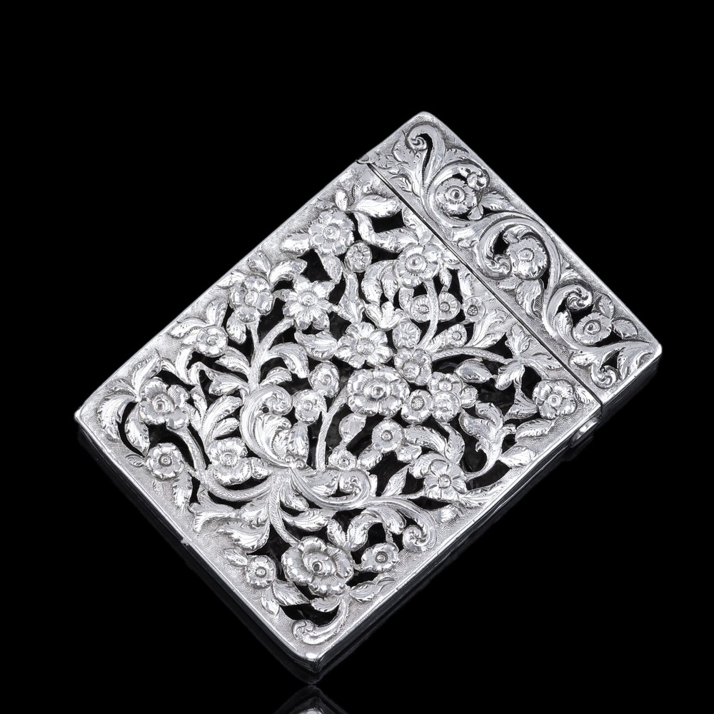 Antique Victorian Solid Silver Card Case Pierced Flowers - Francis Clark 1839