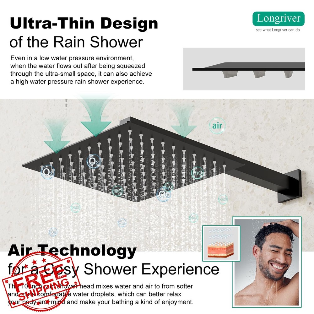Longriver S200 Shower Faucet Set, 10" Rainfall Head Matte Black System