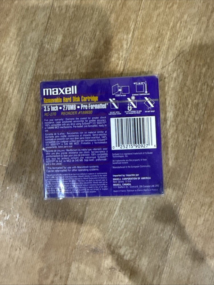 Maxwell 270 Megabyte 3.5” Removable hard disk Cartridge Pre-Formatted