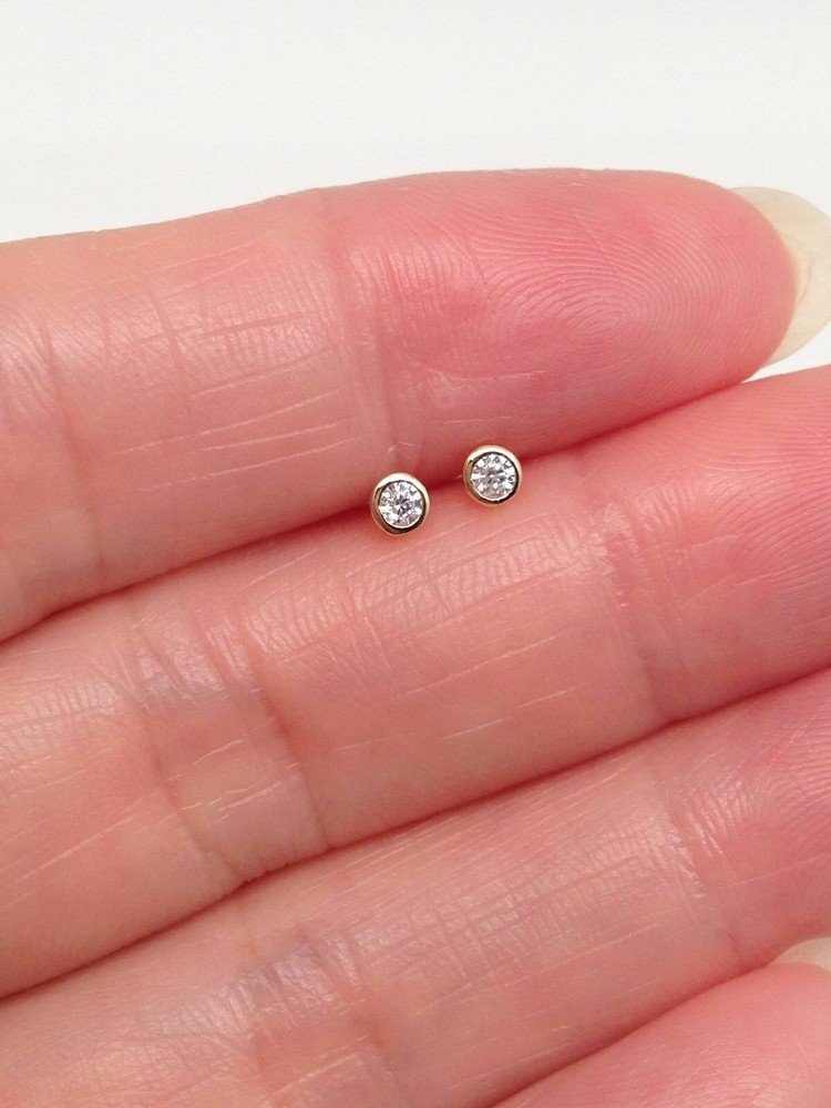 Silver Plated Tiny Bezel Cz Solitaire Stud Earrings 2mm Lab-Created