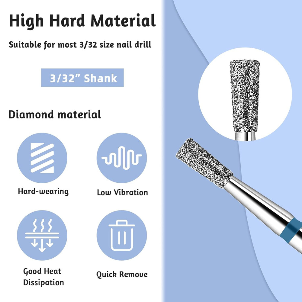 2Pcs Diamond Cuticle Nail Drill Bits 3/32” Flat Conical for Acrylic Nails