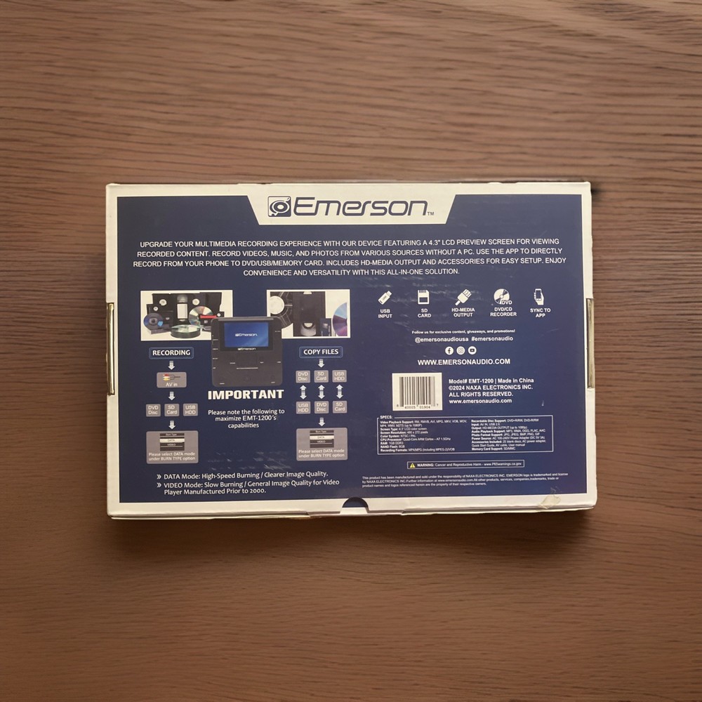 Emerson EMT-1200 Multi Function Media Recorder New In Box