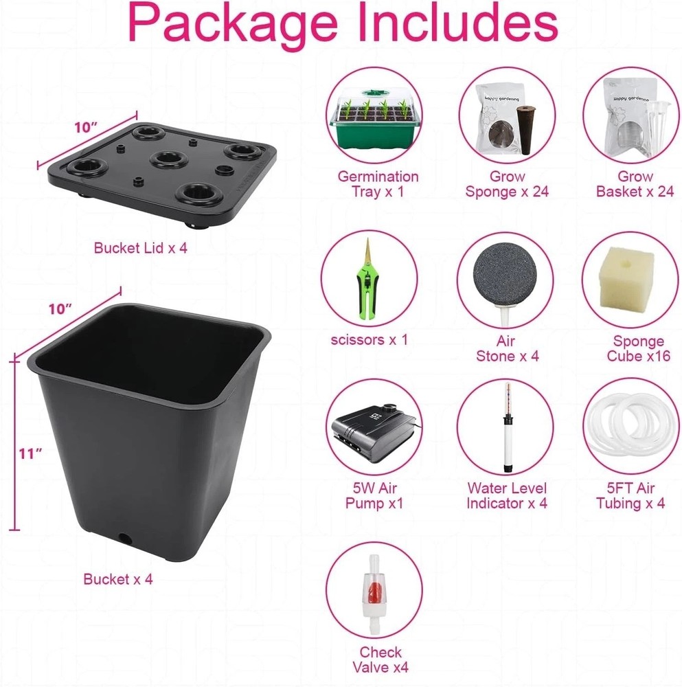 Efficient Hydroponic Bucket System - 4 Buckets with Germination Tray Included