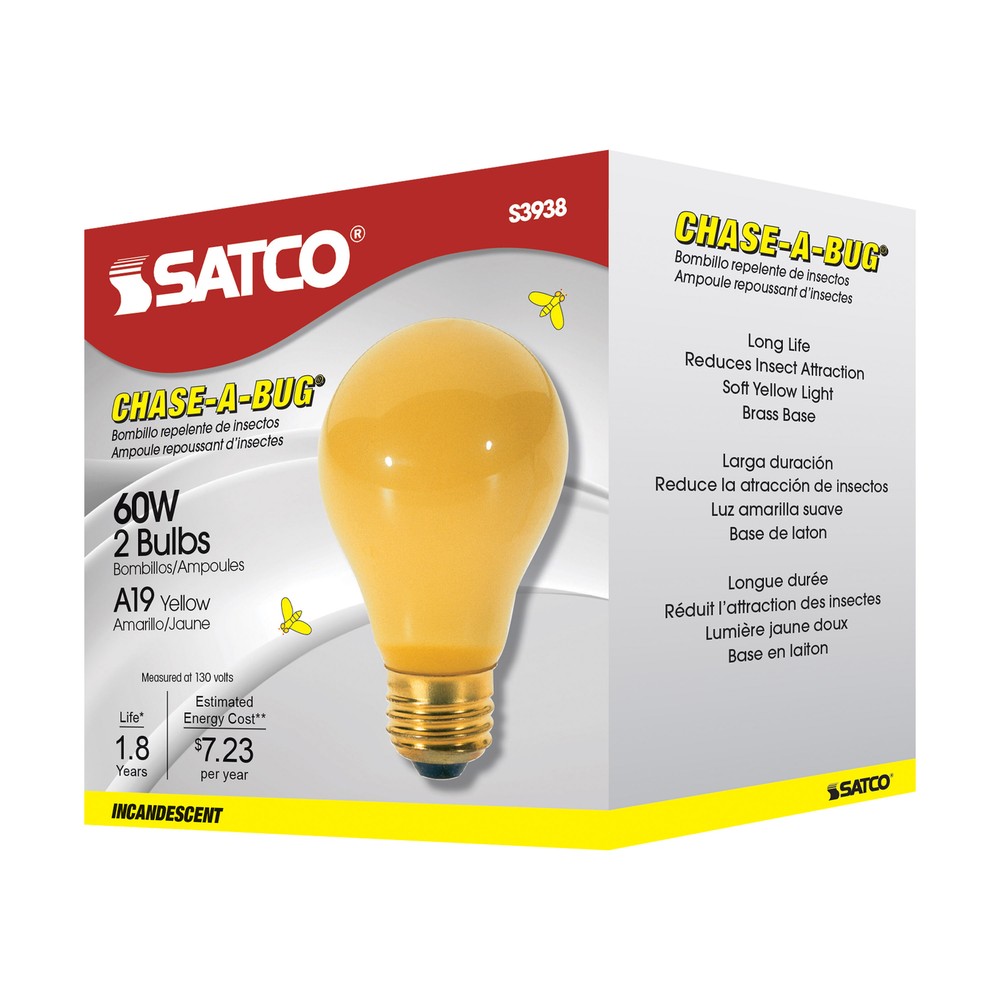 Pack YELLOW BUG LIGHT BULBS 60W Watt A19 Medium E26 120V 60A/Bug 60A/YB 60A19/Y