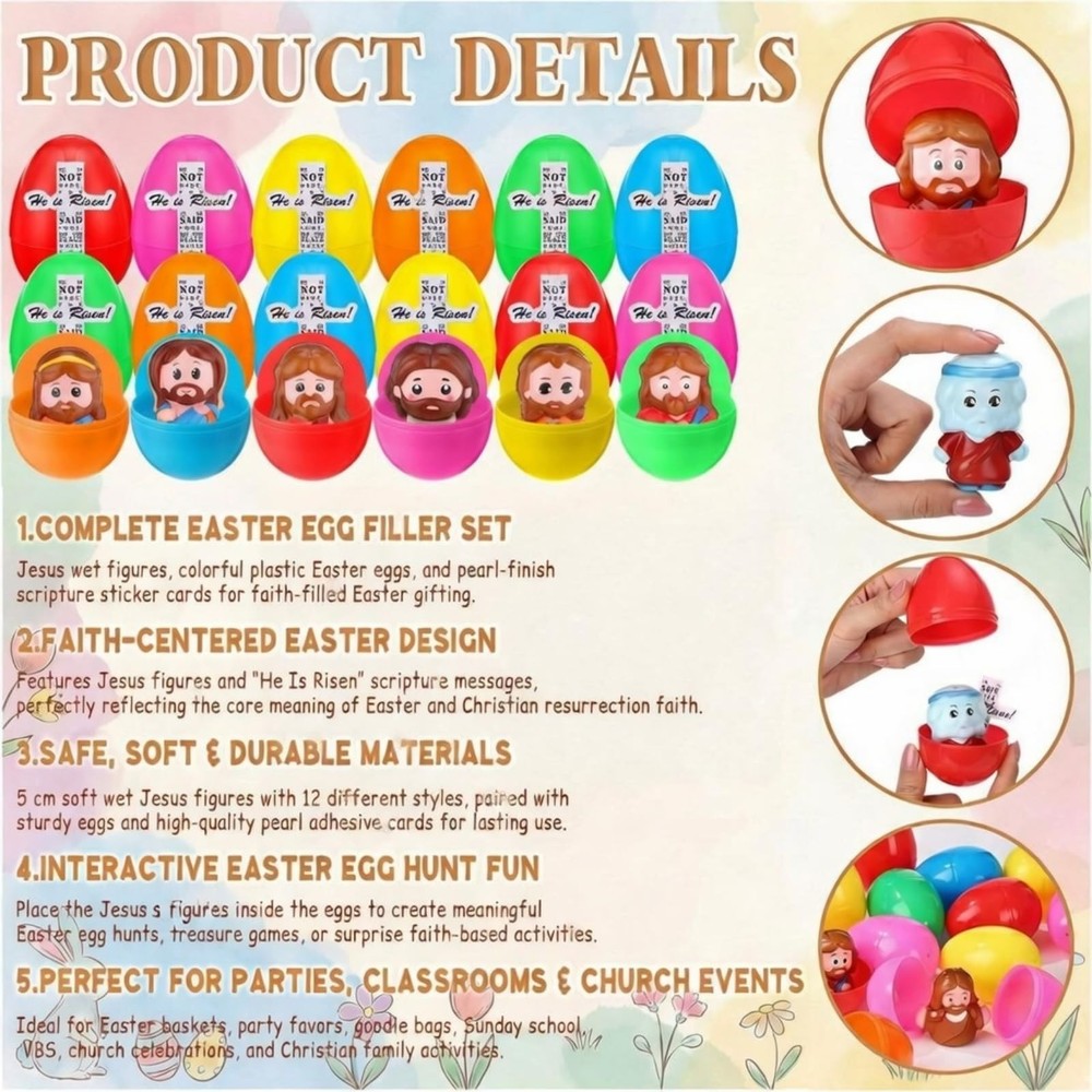 36 Sets Easter Eggs with Little Jesus Squeeze Figures He Is Risen Scripture C...