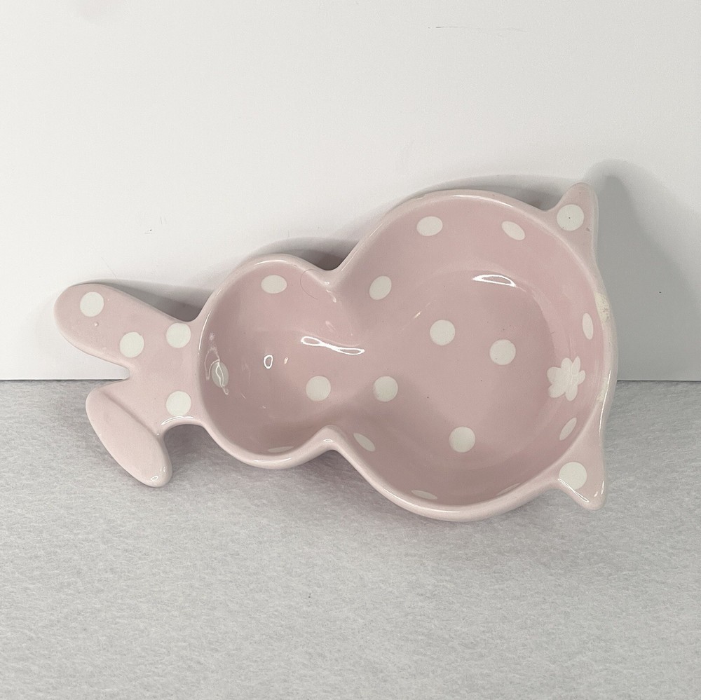 Pink Polka Dot Bunny Shaped Candy Dish Easter Peter Cottontail 4x7”