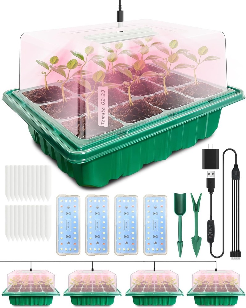 Seed Starter Tray W/ Grow Light 4x 24-LED 4 Pack 48-Cell Seed Starter Kit