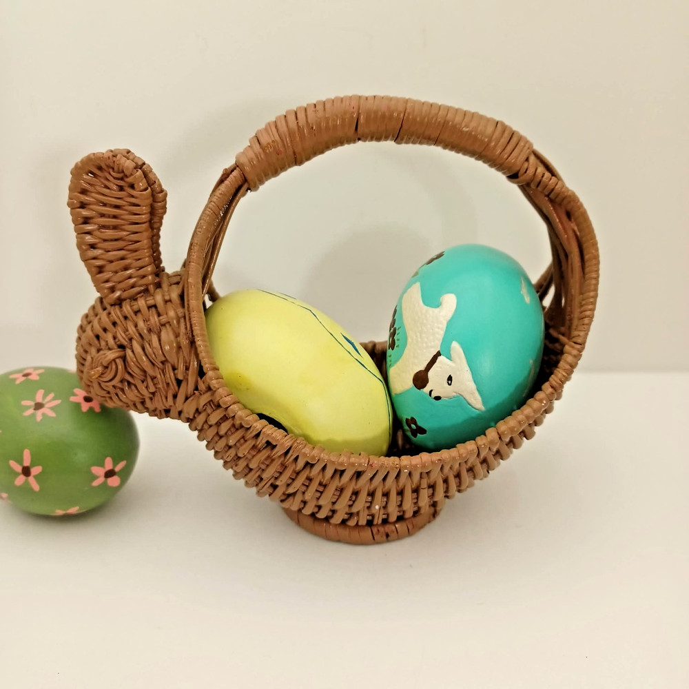 Vintage Small Easter Bunny Brown Wicker Basket 5” With Three 2.25" Ceramic Eggs