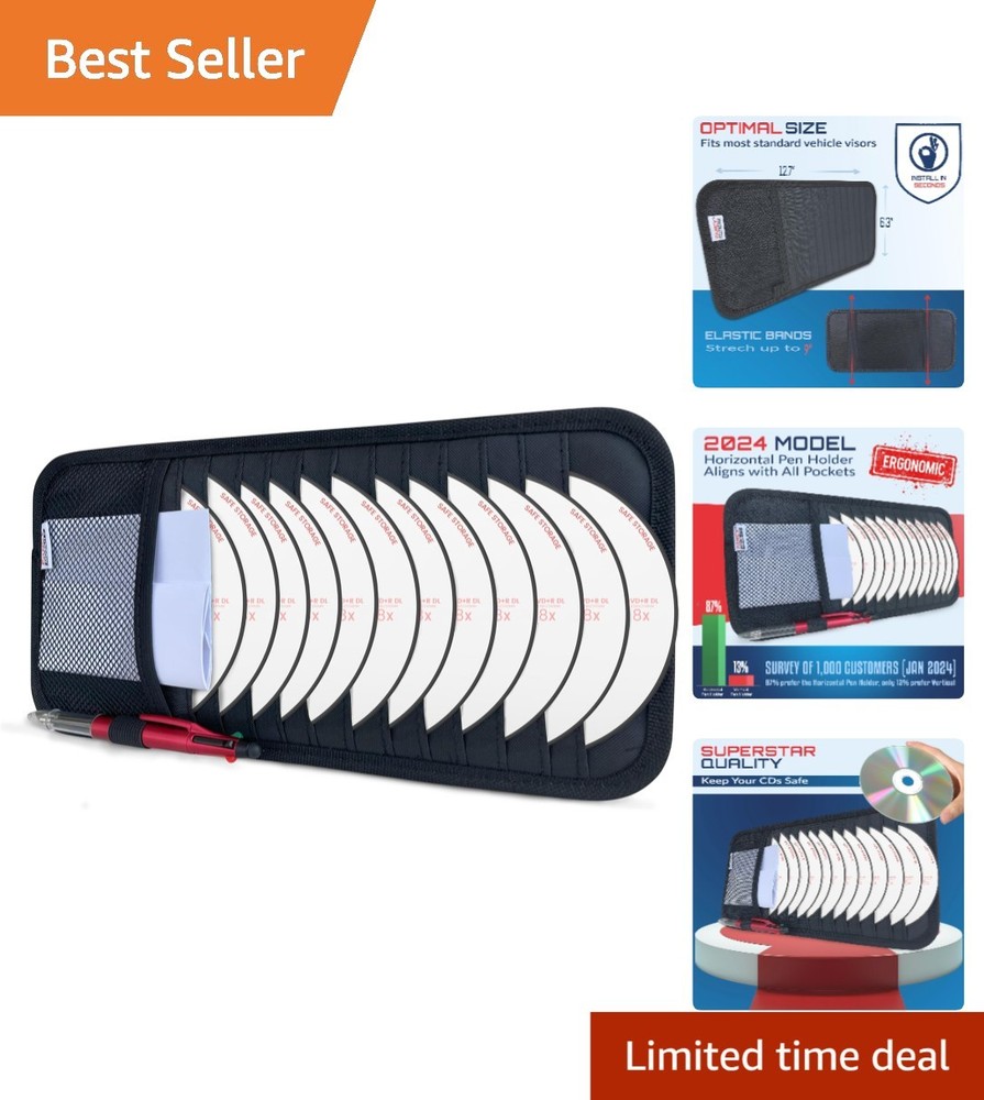 Universal Car CD Organizer for Visors with Multiple Storage Pockets Black