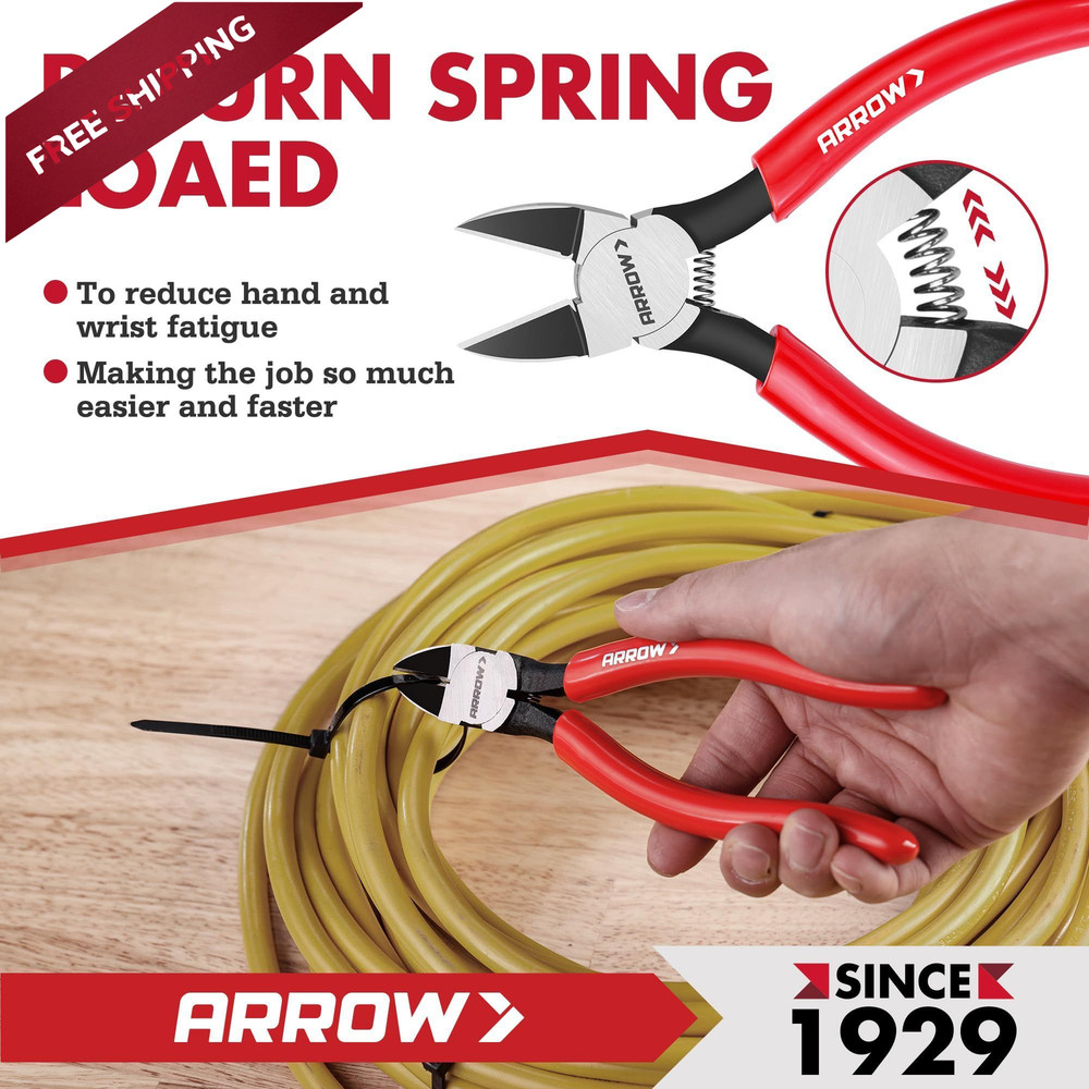 ARROW 7" Precision Wire Cutters - Spring Loaded Side Cutters, 7 Inch, Red