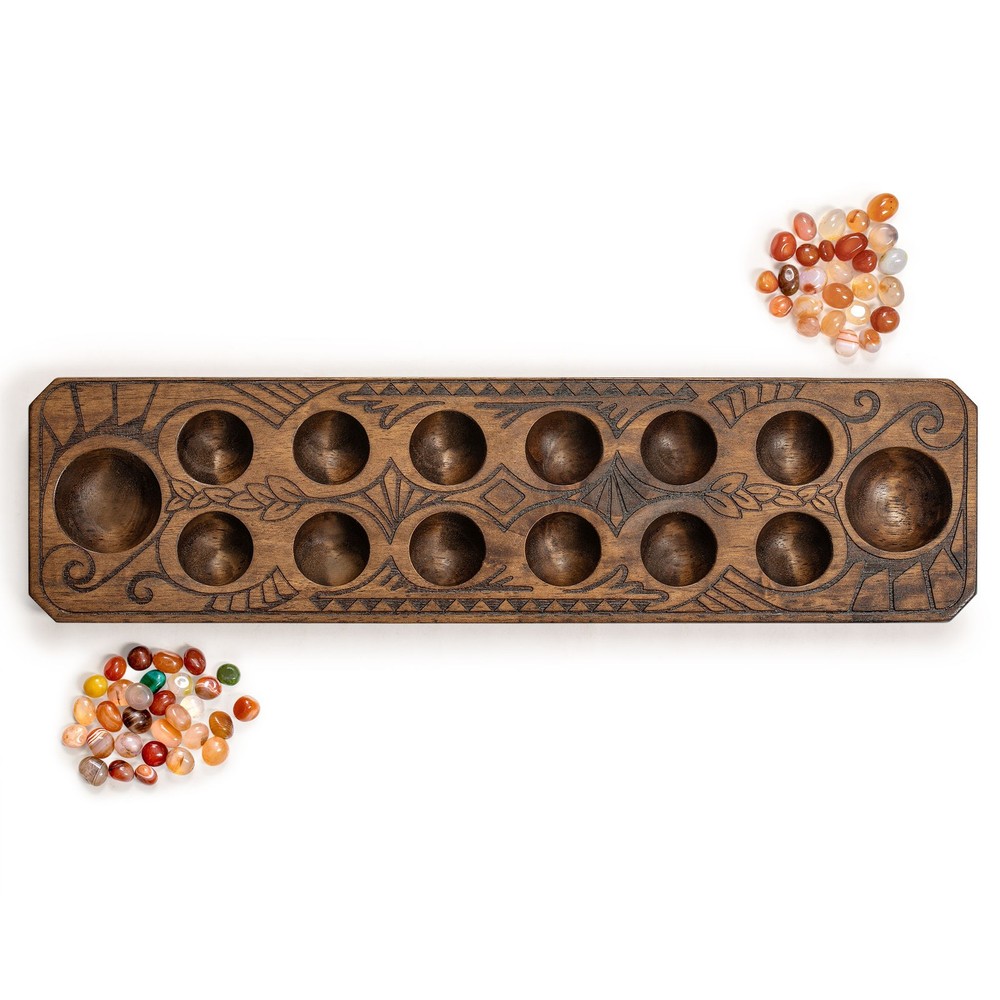 Mancala Set With Solid Wood Board and Quartz Pebble Playing Pieces